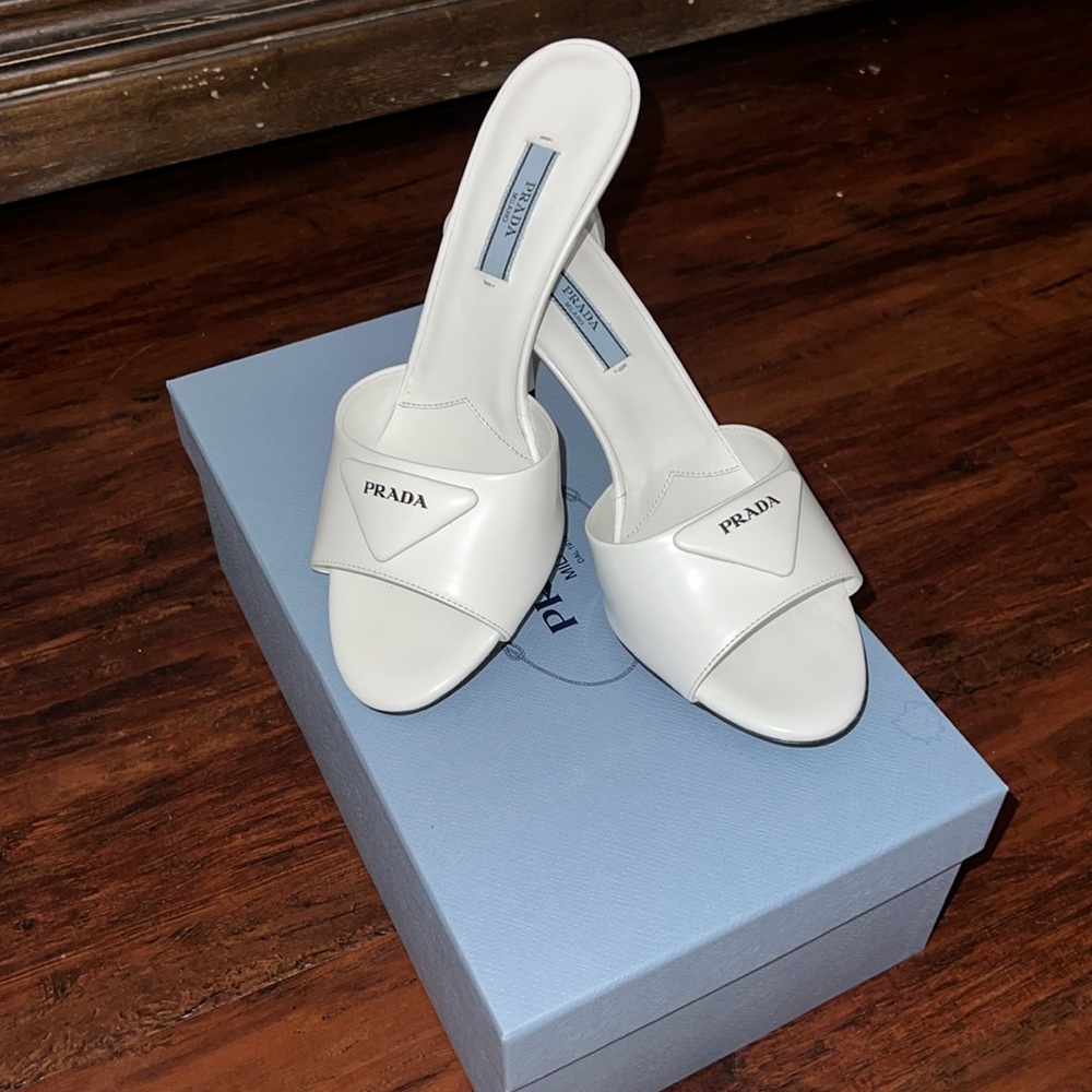 Prada leather logo high heels mules
